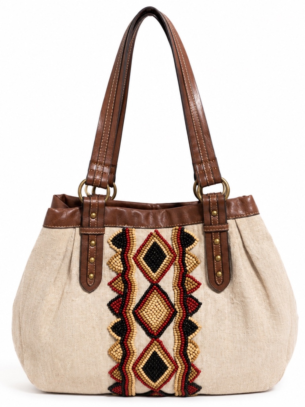 Axcess Liz Claiborne Beaded Linen Blend Tote Bag Boho Tribal Shoulder Purse